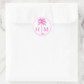 Roze en Witte Palmboom Monogram Ronde Sticker (Tas)