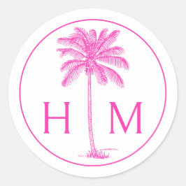 Roze en Witte Palmboom Monogram Ronde Sticker