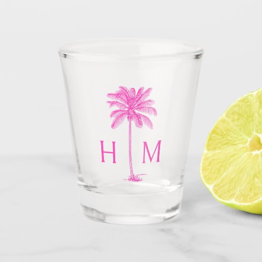 Roze en Witte Palmboom Monogram Shot Glas (Voorkant)