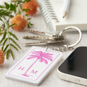Roze en Witte Palmboom Monogram Sleutelhanger