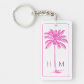 Roze en Witte Palmboom Monogram Sleutelhanger (Voorkant)