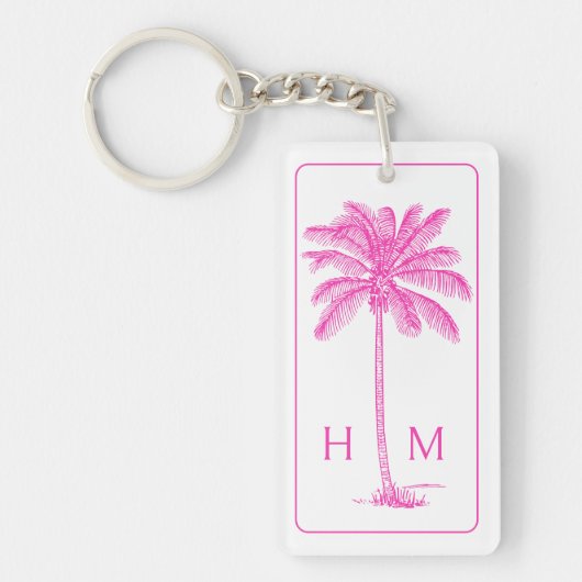 Roze en Witte Palmboom Monogram Sleutelhanger (Voorkant)