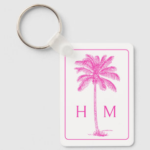 Roze en Witte Palmboom Monogram Sleutelhanger