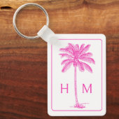 Roze en Witte Palmboom Monogram Sleutelhanger (Voorkant)