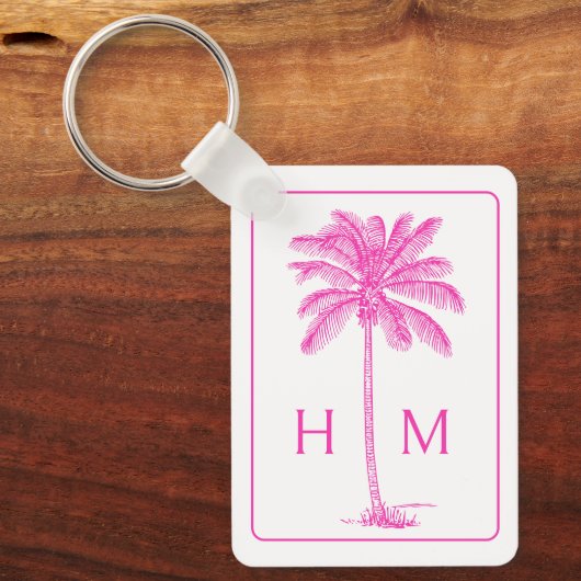 Roze en Witte Palmboom Monogram Sleutelhanger (Voorkant)