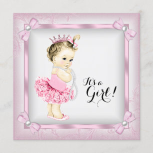 Roze en Witte Parel Prinses Tutu Baby Shower Kaart