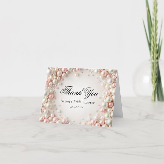 Roze en Witte Parels Bruidsfeest Bedankkaart (Voorkant)