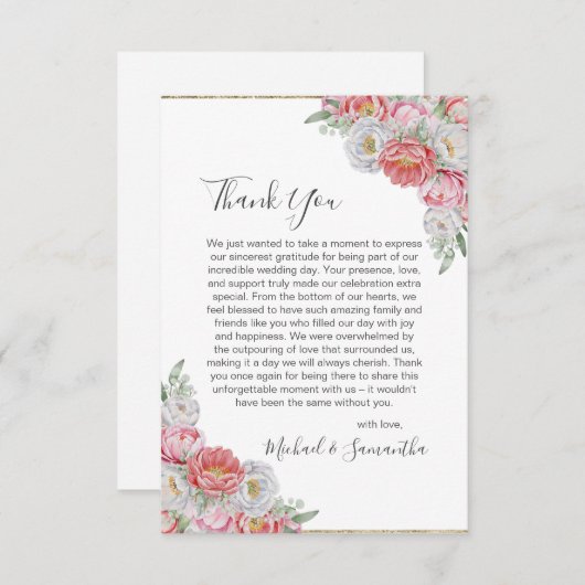 Roze en witte pioen bruiloft bedankkaart (Voorkant / Achterkant)