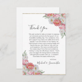 Roze en witte pioen bruiloft bedankkaart