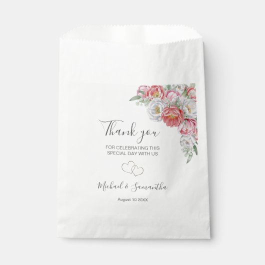 Roze en witte pioen bruiloft bedankzakje (Voorkant)