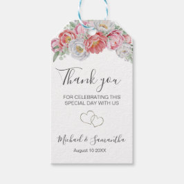 Roze en witte pioen bruiloft cadeaulabel