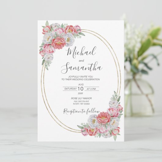 Roze en witte pioen bruiloft kaart (Staand voorkant)