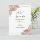 Roze en witte pioen bruiloft kaart (Staand voorkant)