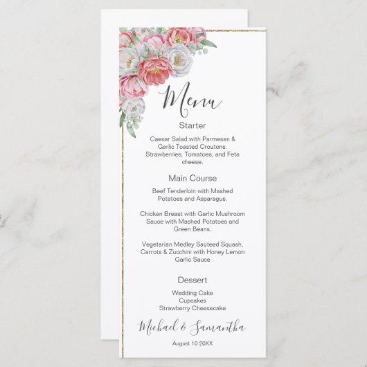 Roze en witte pioen bruiloft menu (Voorkant / Achterkant)