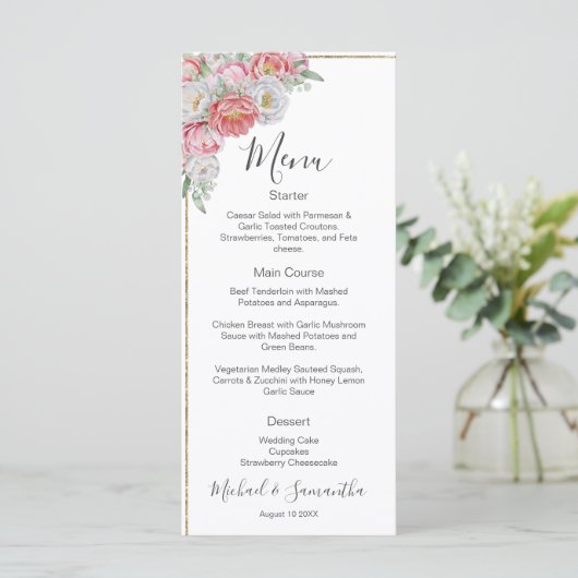 Roze en witte pioen bruiloft menu (Staand voorkant)