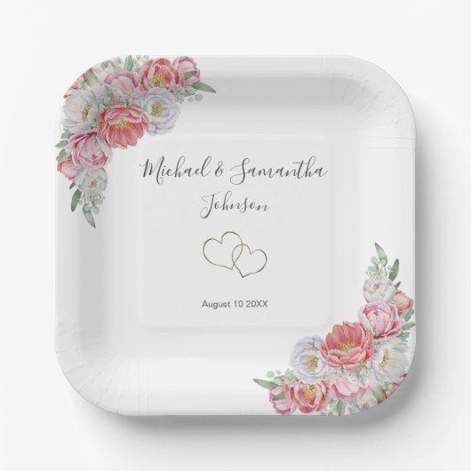 Roze en witte pioen bruiloft papieren bordje (Voorkant)