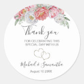 Roze en witte pioen bruiloft ronde sticker (Voorkant)