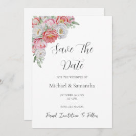 Roze en witte pioen bruiloft save the date