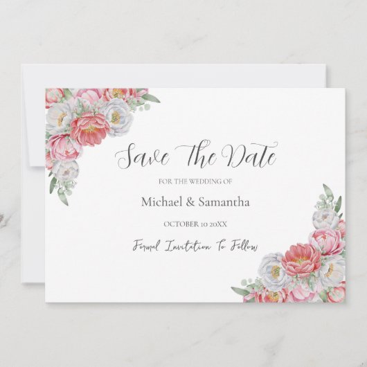Roze en witte pioen bruiloft save the date (Voorkant)