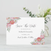 Roze en witte pioen bruiloft save the date (Staand voorkant)