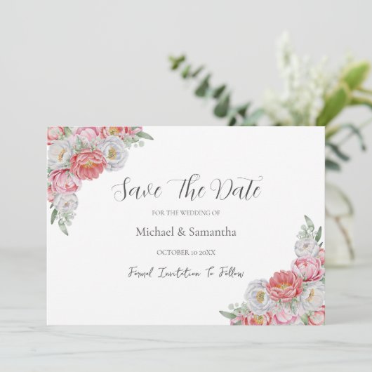 Roze en witte pioen bruiloft save the date (Staand voorkant)
