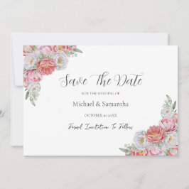 Roze en witte pioen bruiloft save the date