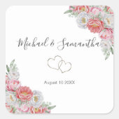 Roze en witte pioen bruiloft vierkante sticker (Voorkant)