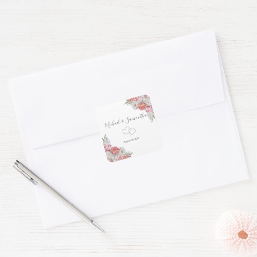 Roze en witte pioen bruiloft vierkante sticker (Envelop)
