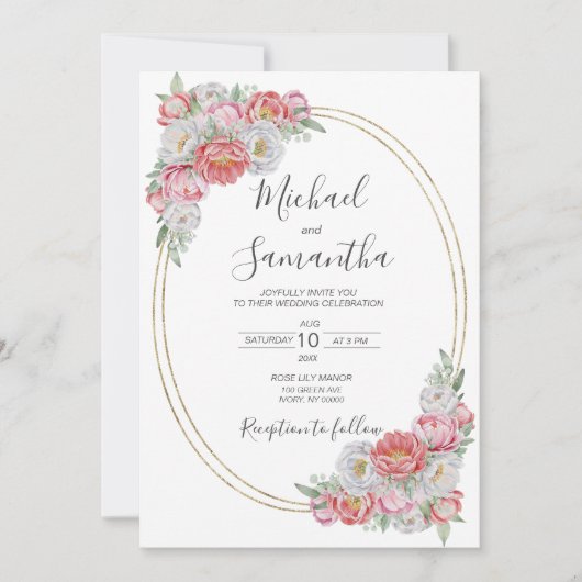 Roze en Witte Pioen Huwelijk Kaart (Voorkant)