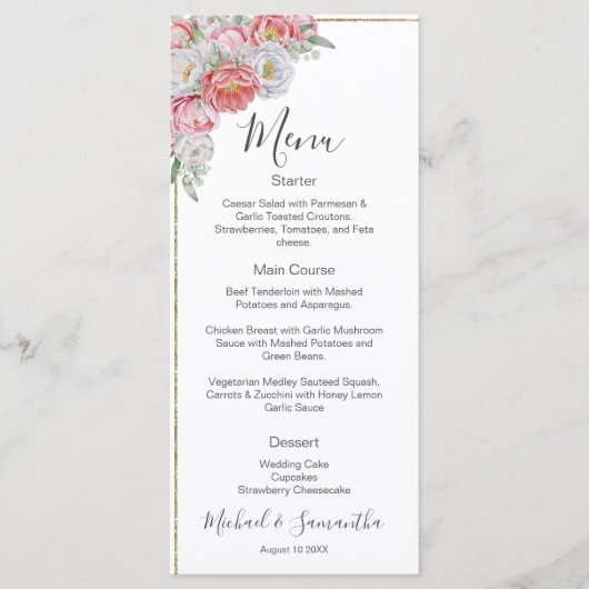 Roze en Witte Pioen Huwelijk Menu (Voorkant)