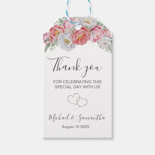 Roze en Witte Pioen Trouwen Cadeaulabel (Voorkant)