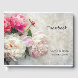 Roze en witte pioenen met kanten achtergrond gastenboek