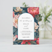 Roze en witte pioenen oosterse bruiloft kaart (Staand voorkant)