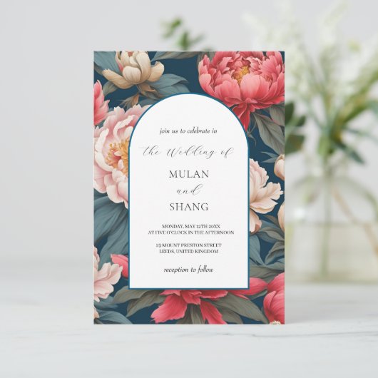 Roze en witte pioenen oosterse bruiloft kaart (Staand voorkant)