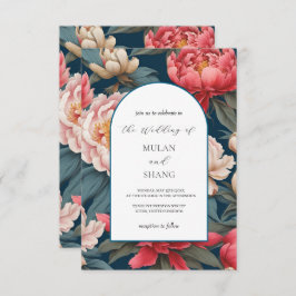 Roze en witte pioenen oosterse bruiloft kaart