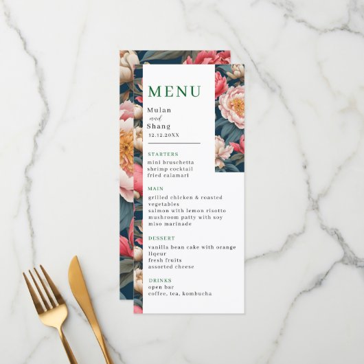 Roze en witte pioenen oosterse bruiloft menu (Voorkant / Achterkant in situ)