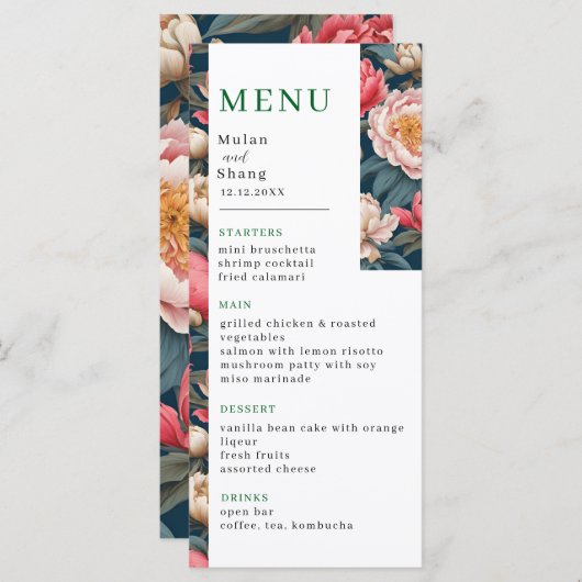 Roze en witte pioenen oosterse bruiloft menu (Voorkant / Achterkant)