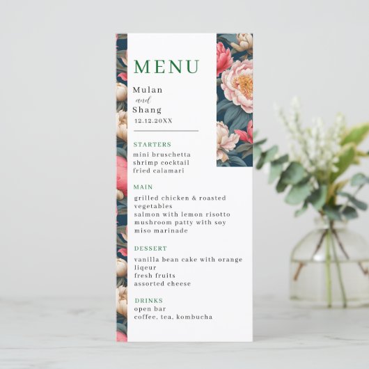 Roze en witte pioenen oosterse bruiloft menu (Staand voorkant)