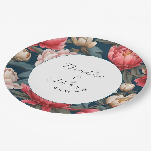 Roze en witte pioenen oosterse bruiloft papieren bordje (Gekanteld)