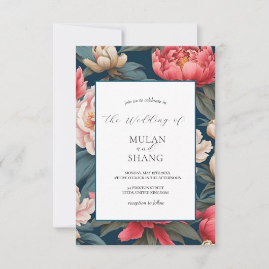 Roze en witte pioenen Oosterse print bruiloft Kaart (Voorkant)