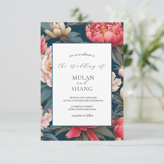 Roze en witte pioenen Oosterse print bruiloft Kaart (Staand voorkant)