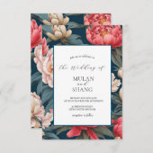 Roze en witte pioenen Oosterse print bruiloft Kaart (Voorkant / Achterkant)