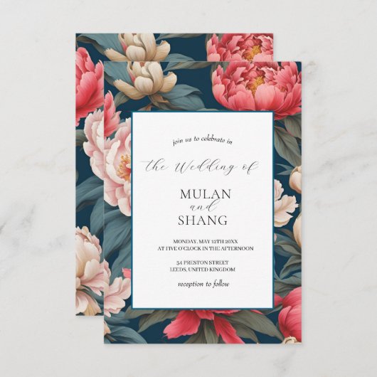 Roze en witte pioenen Oosterse print bruiloft Kaart (Voorkant / Achterkant)