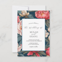 Roze en witte pioenen Oosterse print bruiloft Kaart