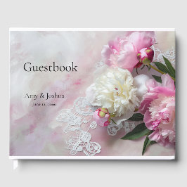 Roze en witte pioenen op kant Gastenboek