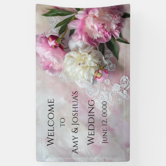 Roze en witte pioenen op kant spandoek (Verticaal)