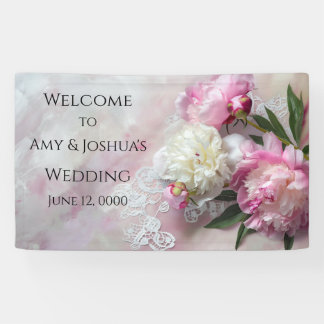 Roze en witte pioenen op kant spandoek