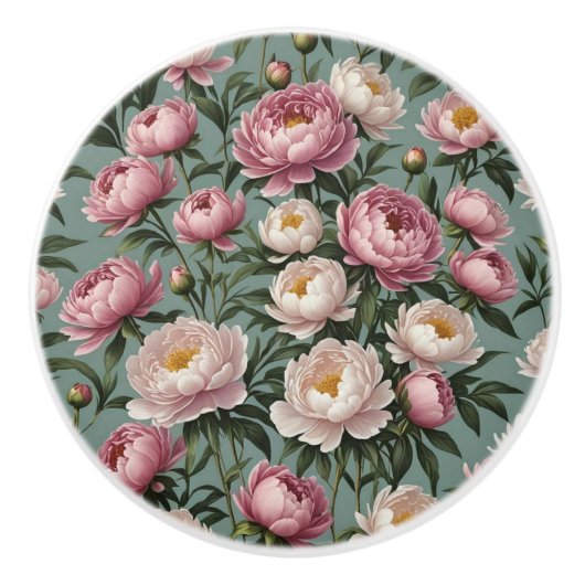 Roze en witte pioenrozen bloemen keramische knop (Voorkant)