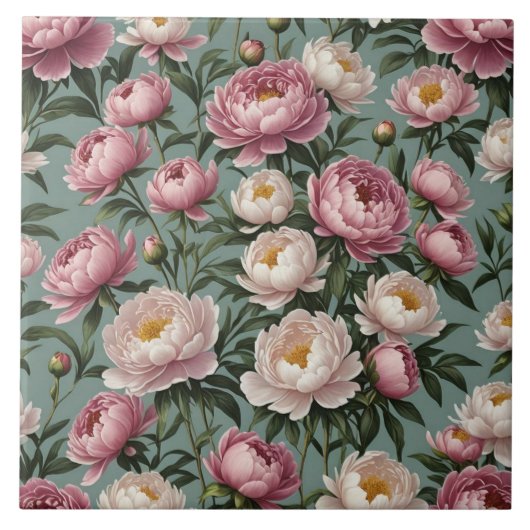 Roze en witte pioenrozen bloemen tegeltje (Voorkant)