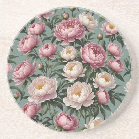 Roze en witte pioenrozen bloemen zandsteen onderzetter (Voorkant)